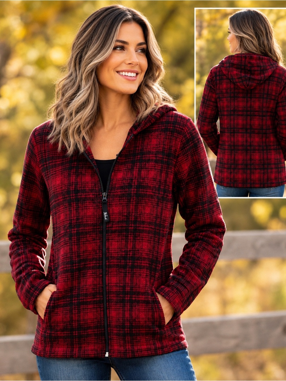Woolrich Women's Black and Red Checkered Hooded Utility Jacket size medium